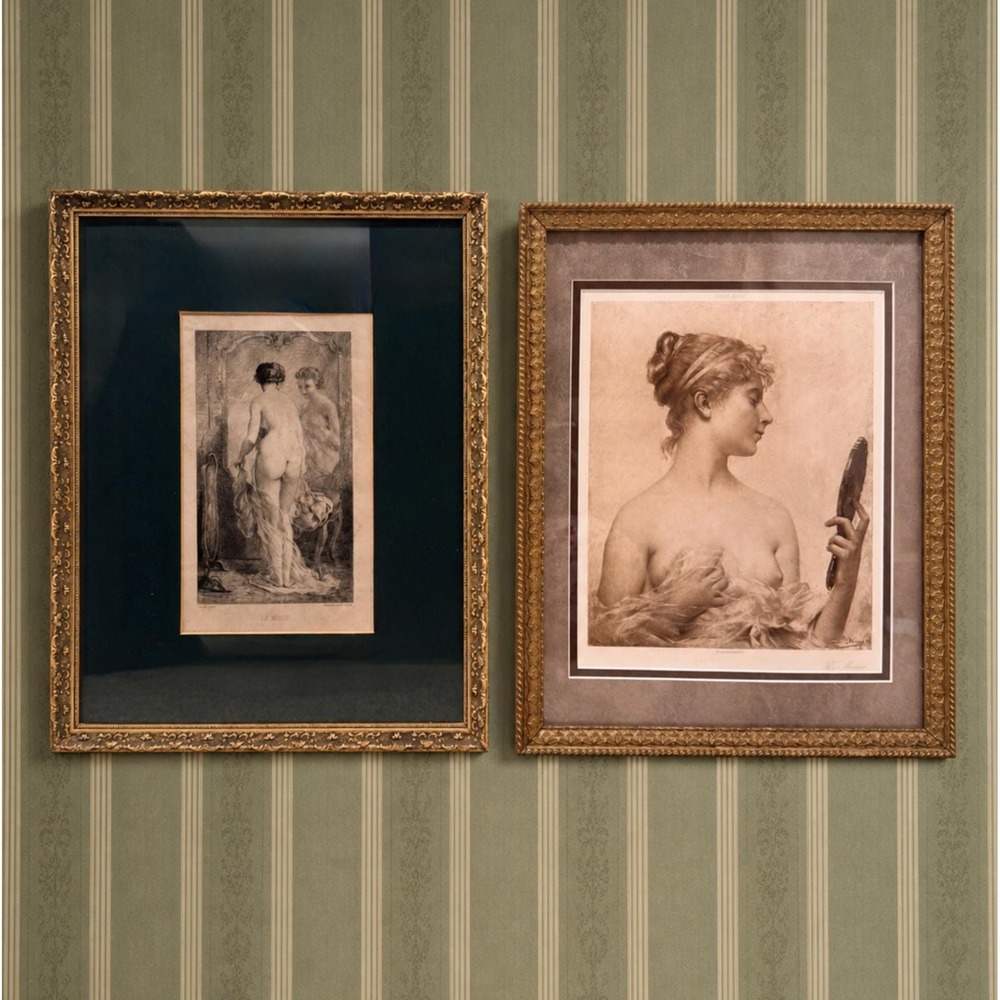 Vintage Gold Framed Art Prints "The Mirror" & "Le Miroir" European Gallery Wall